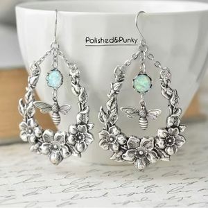 Bee earrings  ~ Silver Bee Earrings ~ Bee Dangle earrings ~ opal Earrings ~ BOX